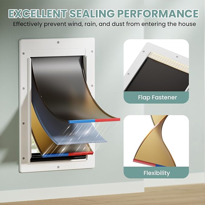 Dog Door 3 Flap, Plastic Dog Door for Wall, Large Doggy Door, Dogie Door for Interior & Exterior Walls, Magnetic Flaps, Insulation Flap, Closing Panel, Pet Door for Pets Up to 110lbs(Large)