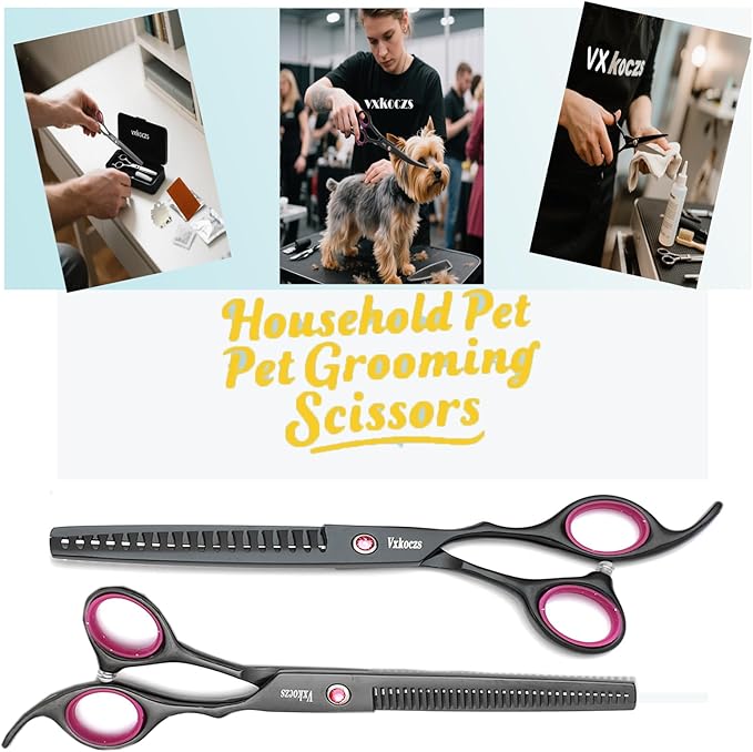 Professional Dog Grooming Scissors 4-Piece Set - Straight, Thinning, Curved Shears for Pets with Non-Slip Handles, Sharp Convex Blades & Travel Case (Black)