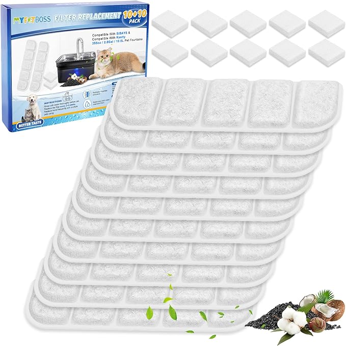 20PCS Pet Fountain Filter Replacement Fit for SIBAYS 355oz/2.8Gal/10.5L Stainlee Steel Large Dog Water Fountain(FS70) & Compatible with Kastty, Carbon & PP Cotton for Large Dog Water Bowl