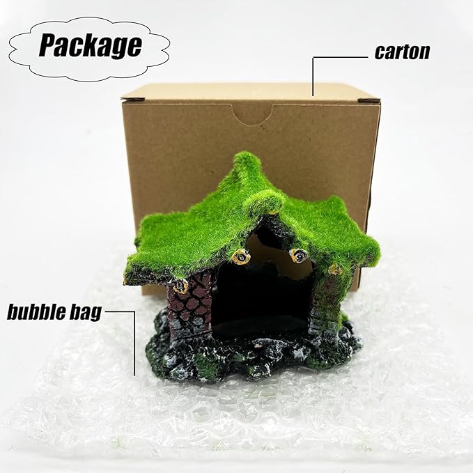 Tfwadmx Aquarium Decoration House Resin Hollow Hideout House,Small Betta Fish Hide Accessories Cave Ornament Tank Small Fish Shrimp Hideaway with Moss