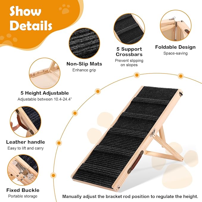 39" Long Dog Ramp for Bed, Couch & Car - 5 Level Adjustable Height (10.4" to 24.4"), Foldable Portable Wooden Pet Ramp with Non-Slip Surface, for Small & Old Dogs Up to 70 LBS