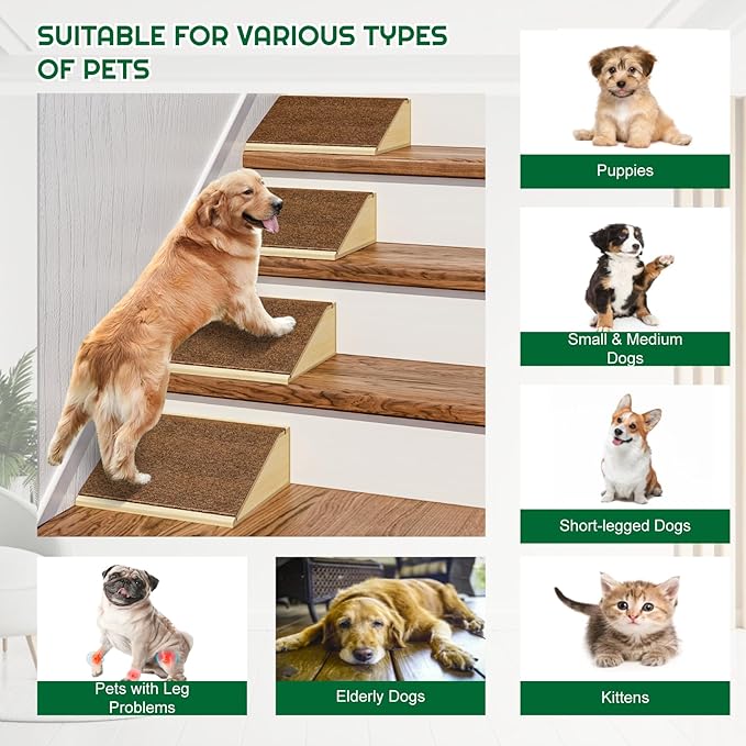 4 Pack Dog Ramp for Stairs with Anti-Slip Brown Carpet, Lightweight Wooden Pet Ramp Suitable for Small & Medium Dogs, Portable Dog Stairs to Assist Elderly and Injured Pets