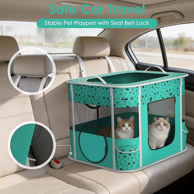 Cat Playpen - Portable Dog Playpen with Litter Box, Foldable Soft Dog Crate for Indoor/Outdoor, Pop Up Cat Enclosure, Collapsible Puppy Kitten Rabbit Cage Tent，2-Room