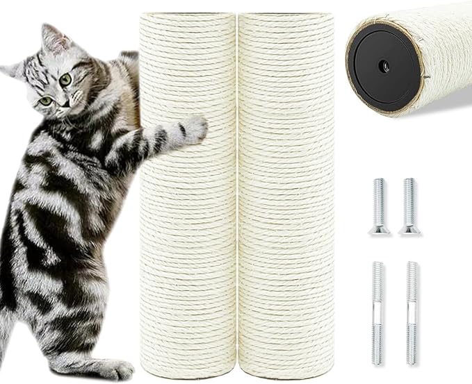 Cat Tree Replacement Post, 2 Pack 9.84in (Connectable to 19.7in/50cm) Cat Scratching Post with M8 Screws, Natural Sisal Cat Tower Parts for Cat Tree Repair