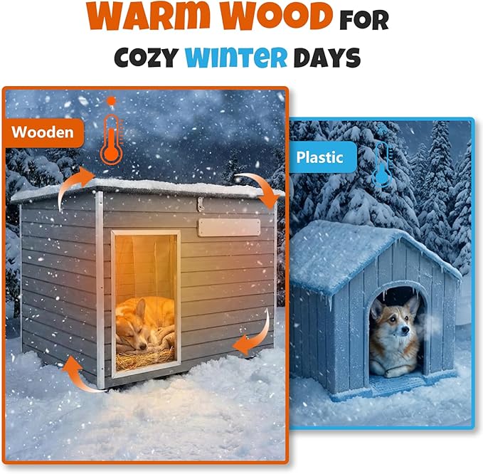 Medium Wooden Dog House Outdoor, Weatherproof Dog Houses with Adjustable Vent Windows, Alloy Chew-Resistant Frame, Removable Floor for Medium & Small Dogs (34" L x 22" W x 25" H)
