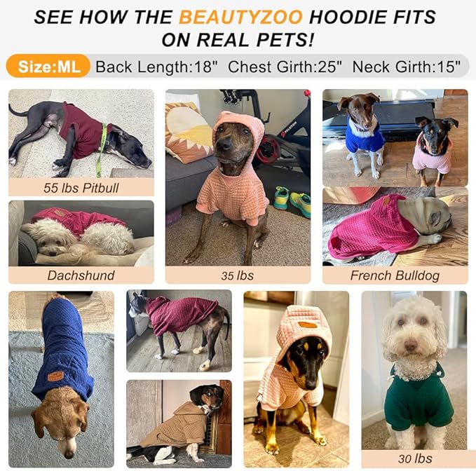 BEAUTYZOO Dog Hoodie with Leash Hole and Pocket,Dog Sweaters for Small Medium Large Dogs Boys Girls,Waffle-Like Laminated Cotton Warm Outfits for French Bulldogs, Pitbull, Winter Puppy Clothes Jacket