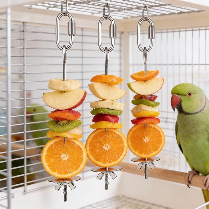 6 PCS Bird Treats Skewer, Parakeet Hanging Food Holder, Bird Cage Food Holders, Stainless Steel Fruit Vegetable Stick Holder for Hanging Birds Foraging Toys for Macaw Parakeet Budgie (3 Sizes)