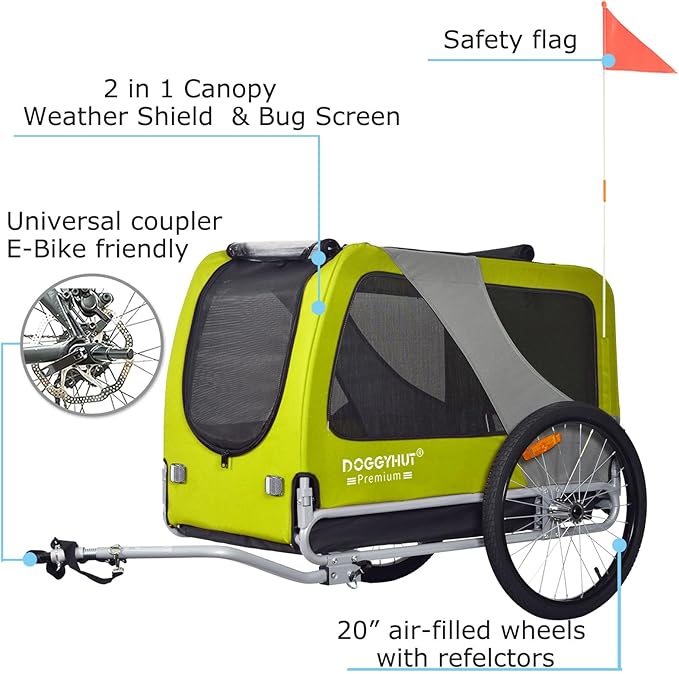 DOGGYHUT® Premium XL Pet Bike Trailer for Large Dog or Multiple Small Dogs, Up to 100 lbs,Dog Bicycle Carrier,Low Center of Gravity,Easy Folding Frame Cart