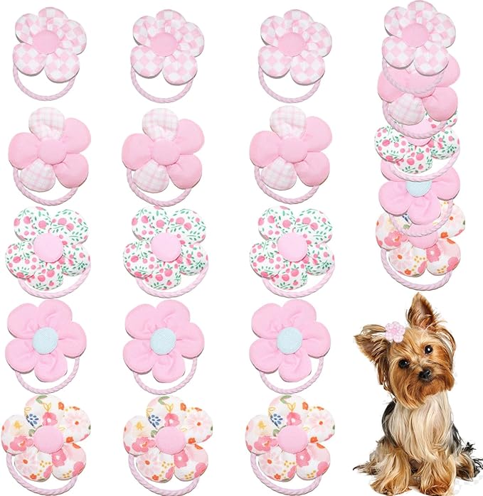 20 Pcs Handmade Cute Puppy Hair Bows, Flower Bowknot with Rubber Bands for Small Dog Hair Ties Accessories Powder Pink