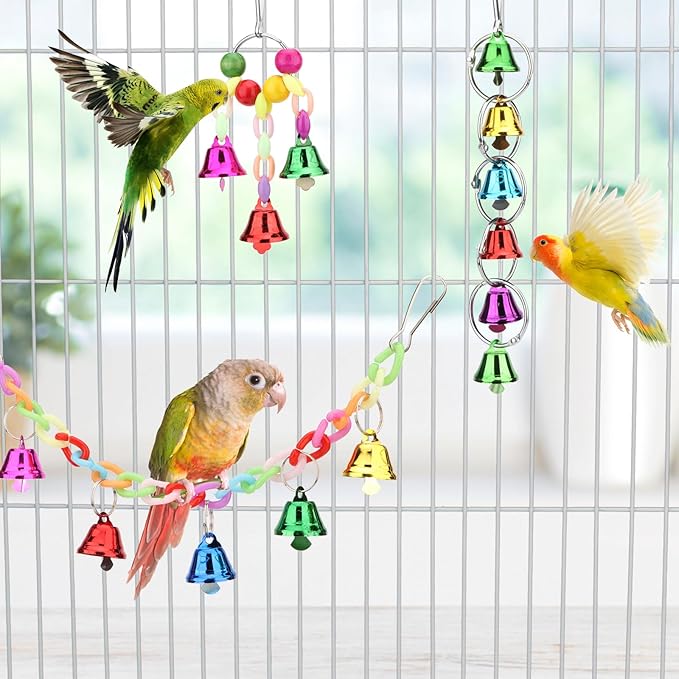 Hypeety Parrot Chew Toys Swing Colorful Bells Chandelier Bird Hanging Toy Parrot Cage Craft Toys Cages African Grey Conure Cockatiel 4PCS Set