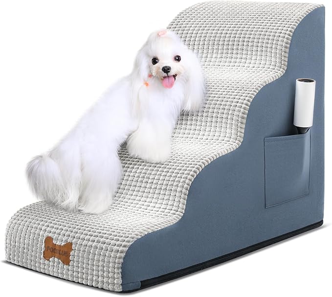 POCBLUE Dog Stairs for Small Dogs 19.7" H, 4-Step Wide Pet Step for High Bed or Couch, Curved Pet Ramps for Cats with High-Density Foam and Washable Cover, Grey