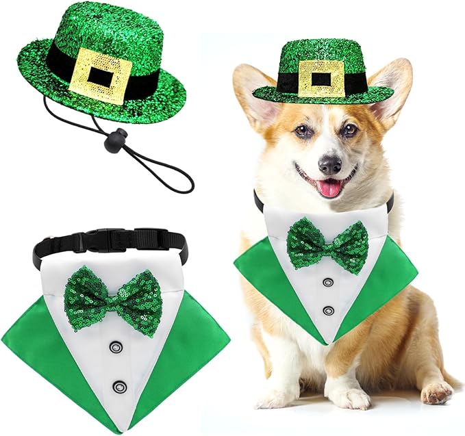 2 PCS St. Patrick's Day Costume Dog Bandana Collar and Pet Top Hat Buckle Green Dog Bow Tie Formal Tux Clothes with D-Ring Irish Tuxedo Saint Patrick Outfits for Dogs Puppy Cat Party Dress (Small)