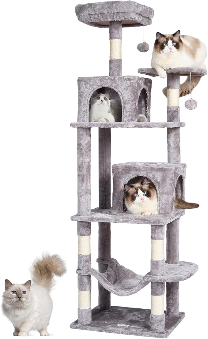 VEVOR Cat Tree for Indoor Cats, 63" Cat Tower with 2 Cat Condos, Sisal Scratching Post, Hammock, Top Perch, Jumping Platforms, Large Cat Furniture Activity Center with Hang Ball, Light Grey