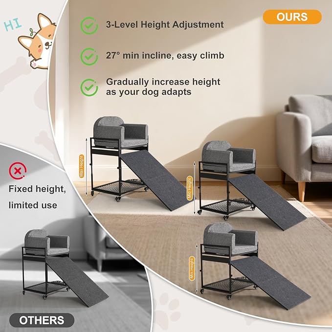 Dog Stairs Ramp, Seatmate Chairs for Dogs, Adjustable Two-Folded Extra Wide Seat Mate Chair Ramps, Non-Slip Dog Window Perch with Stairs for High Bed Window Office, Grey Ladder Perch, Load Capacity