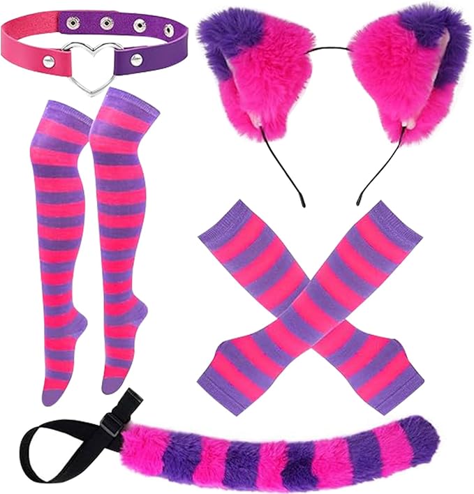 5Pcs Pink Purple Striped Cat Costume Set, Halloween Costume with Plush Ears, Adjustable Tail, Knee Socks, Gloves, Collar, for Women, Girls, Halloween Cosplay Party Outfit