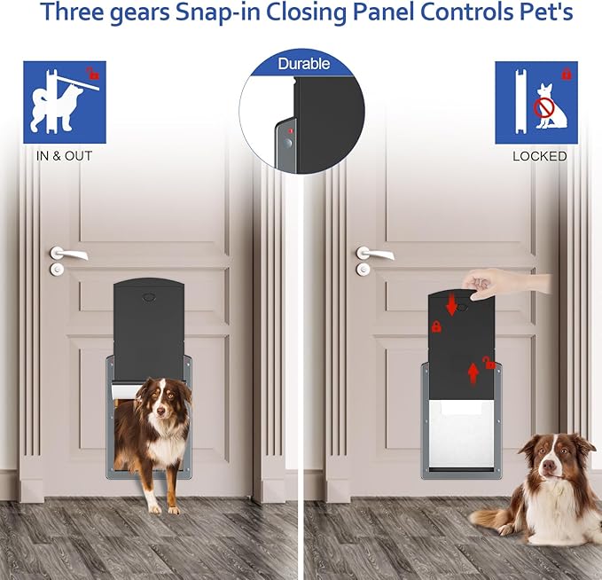 [Classicmacher] Dog Door for Large Dogs, Gray Frame Door for L arge Dogs, Strong Plastic Doggy Door and L arge Pets with Sliding Lock Panel and Magnetic Soft Flap (Large, Smoky Grey)