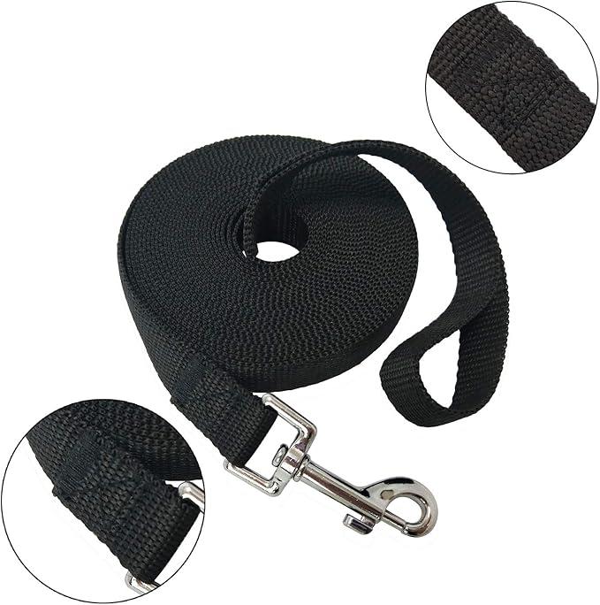 Nylon Training Dog Leash for Small Medium Large Dogs, 15ft 20ft 30ft 50ft Long Leash Dog/Puppy Lead for Obedience Recall Training, Camping (1" x 15ft, Black)
