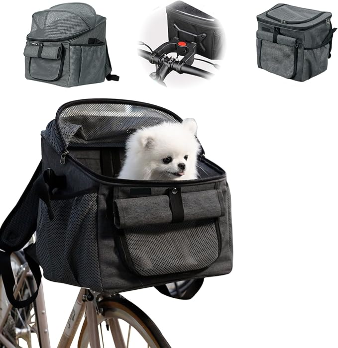 Qivine Dog Bike Basket,Dog Carrier for Bicycle Foldable Bike Pet Carrier with Handlebar Adapter Bicycle Carrier Backpacks for Small Medium Cats,Dogs