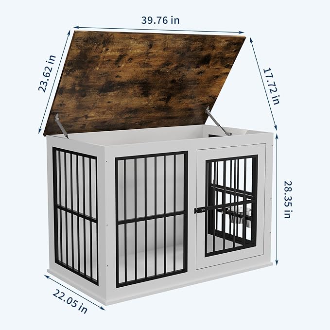 Dog Crate Furniture, 39.7" White Wooden Kennel, Heavy Duty Indestructible Dog Cage with Liftable Top Panel, Decorative Pet Crate House End Table TV Stand for Large Breed Medium Small High Anxiety Dogs