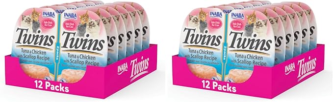 INABA Twins for Cats, Grain-Free Shredded Chicken & Broth Gel Side Dish/Complement/Topper Cups, 1.23 Ounces per Serving, 14.76 Ounces, Tuna & Chicken with Scallop Recipe,Total Servings (Pack of 24)