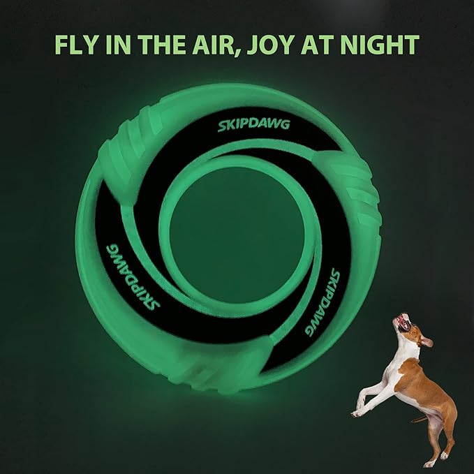 SKIPDAWG Dog Glow Tug Toy, Flying Disc Dog Toy Light Weight TPR/Nylon Fabric Non-Toxic Material, Pet Training Toys/Outdoor Night Exercise Toys for Dogs, Diameter 9 Inches