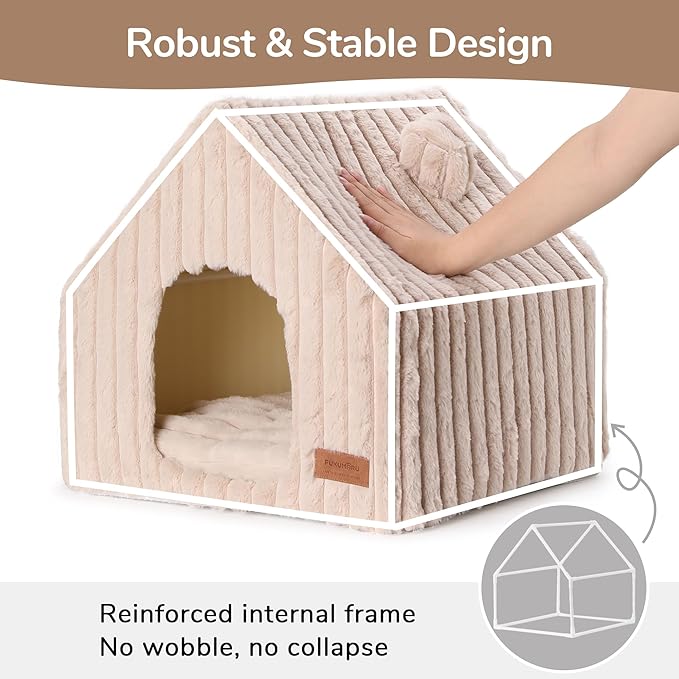 FUKUMARU Cat Houses for Indoor Cats, Washable Cute Cat Bed Cave with Removable Pillow, Large Semi-Enclosed Cozy Dog House Indoor, Soft Faux Rabbit Fur Kitten Bed, 17.5-Inch Cat Hideaway, Pink Grey