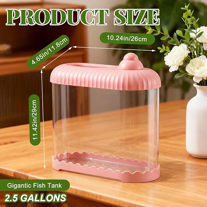Geelin Pink 2.5 Gallon Plastic Aquaponic Betta Fish Tank Large Bowl Shatterproof Small Ecosystem Aquarium with Secure Buckle Lid, Clear Clarity for Terrarium, Flower Vase Betta Fish Tabletop Gifts