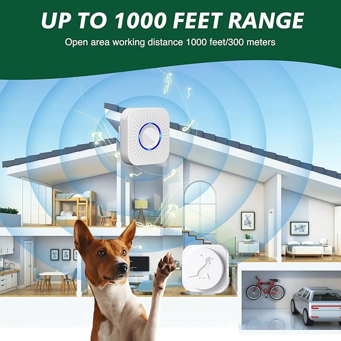 Dog Door Bell for Potty Training, Smart Wireless Doggie Doorbell to Go Outside, 1000 Feet Long Range with IP65 Waterproof Touch Button, 20 Melodies & Adjustable Volume (2 Button)