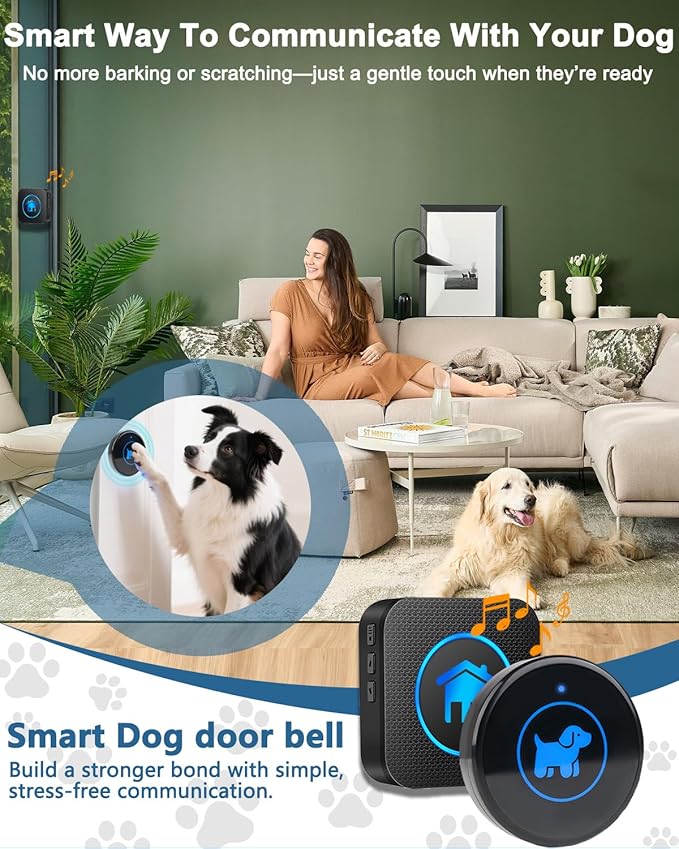 Dog Door Bell, Wireless Dog Doorbells for Potty Training – Dog Bells to Go Outside, 1000Feet Range, Waterproof Button, 55 Melodies & 5 Notification Modes (4 Buttons)