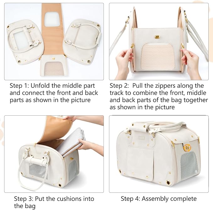 PetsHome Dog Carrier Purse, Pet Carrier, Foldable Waterproof Premium Leather Pet Travel Portable Bag for Cat and Small Dog Home & Outdoor Small Beige