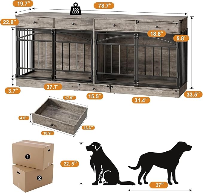 GAOMON Dog Crate Furniture for 2 Dogs, 78.7'' Large Dog Kennel Indoor with 4 Storage Drawers and Feeding Bowls, Double Dog Crate TV Stand for Small and Medium Dogs, Gray