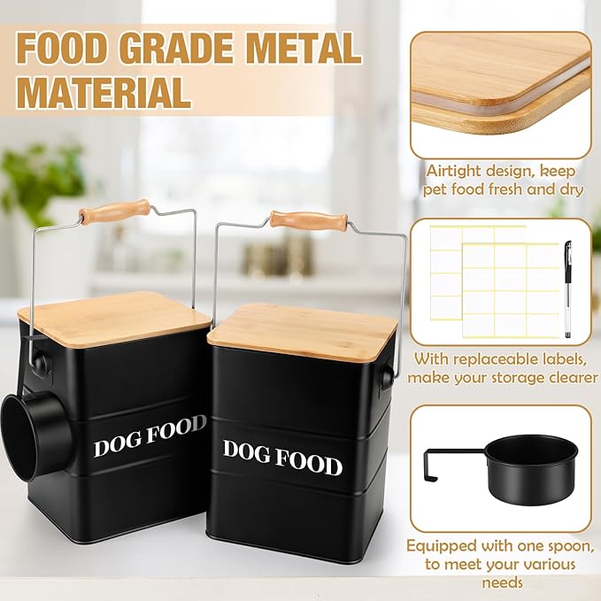Tioncy 2 Pcs Metal Dog Food Storage Containers Total 10-14 Lbs (50 Cup) Capacity, Airtight Pet Food Canister with Bamboo Lids Scoop DIY Labels Dog Treat Storage Jars for Kitchen Counter(Matte Black)