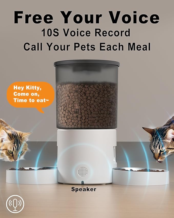 Automatic Cat Feeder for 2 Cats, 4.2L Dual Food Dispenser, Up to 6 Meals/Day, Portion Control, Voice Message, Dual Power Options (Transparent+White, Dual Stainless Steel Bowls)