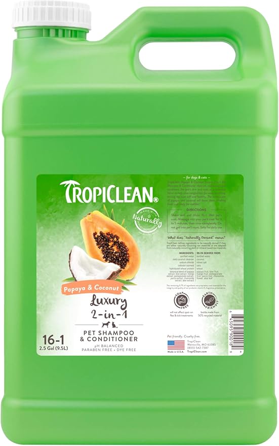TropiClean 2-in-1 Dog Shampoo and Conditioner, Professional Dog Shampoo, Moisturizing Detangler, Puppy Safe, Made in USA, Papaya Scent, 2.5 Gallon
