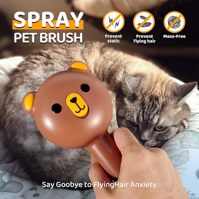 Cat Steam Brush, Self Cleaning Pet Spray Hair Removal Comb with Release Button, 3 in 1 Cat Brush for Indoor Cats, Waterproof Pet Grooming Brushes for Long Short Haired Dogs Cats（Brown）