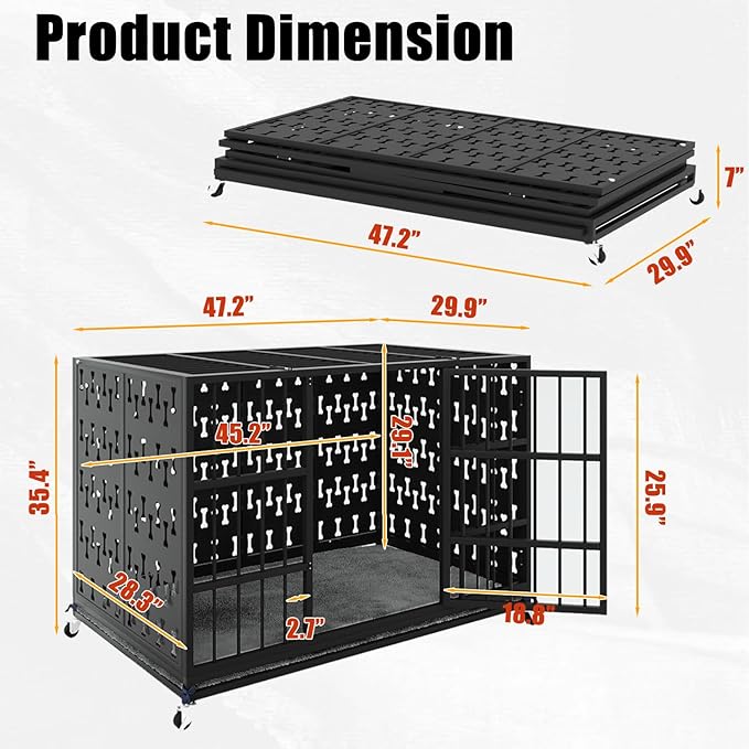 LEMBERI 48 inch Indestructible Heavy Duty Dog Crate with Cushion, High Anxiety Extra Large Dog Cage for Large Dogs, XL Steel Escape Proof Dog Kennel with Locking Wheels