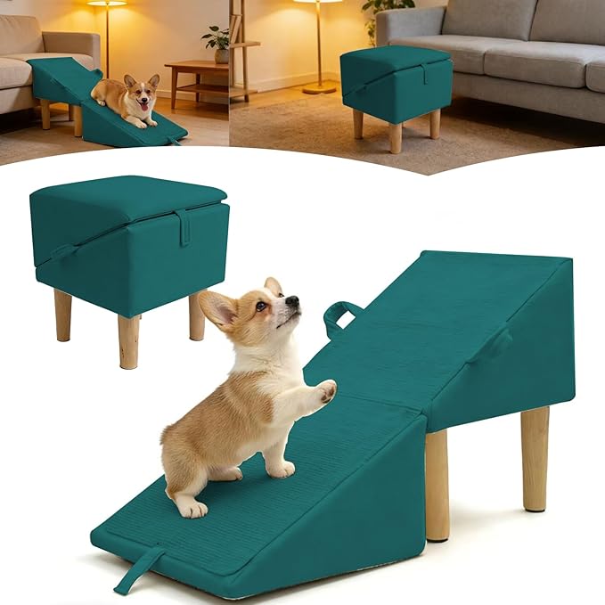 Split Ottoman Dog Ramp for Couch and Low Bed, 2-in-1 Foldable Dog Stairs for Small Dogs and Cats, Wooden Pet Ramp with Non-Slip Surface, Portable Step Stool Design, Green