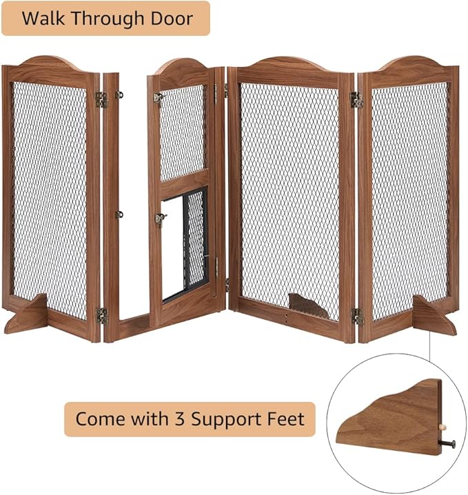 beeNbkks Freestanding Pet Gate with Cat Door, Dog Proof Cat Gate, Indoor Dog Gates for The House Doorways Stairs, Metal Mesh Wooden Small Animal Pet Barrier with Walk Through Door and Support Feet