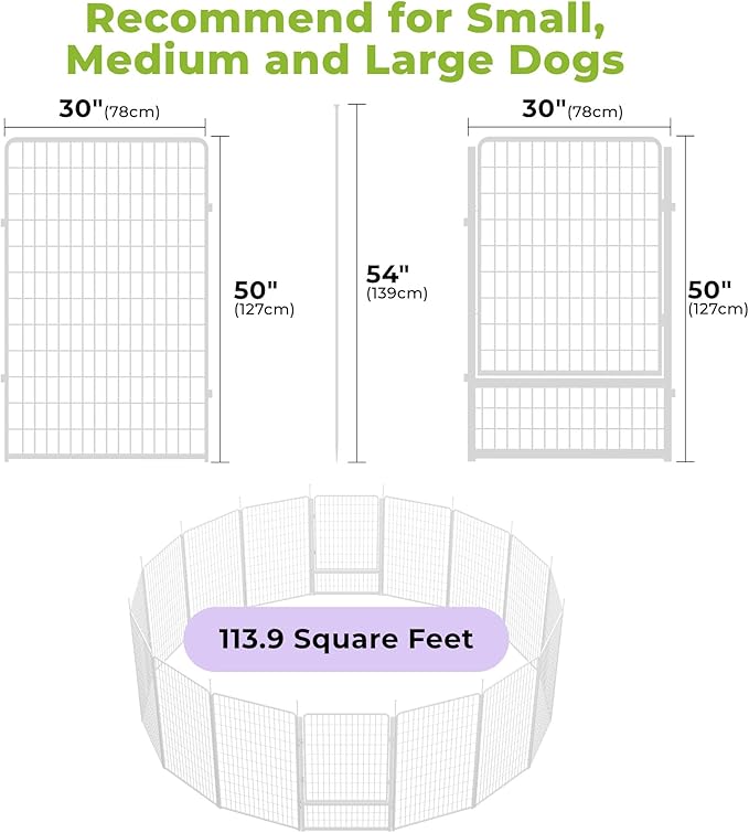 SunsGrove Indoor Dog Playpen with Wider Door, 50 inch 16 Panels Non Slip Dog Pen Indoor, Anti Rust Dog Fence, Free and Safe Play, White