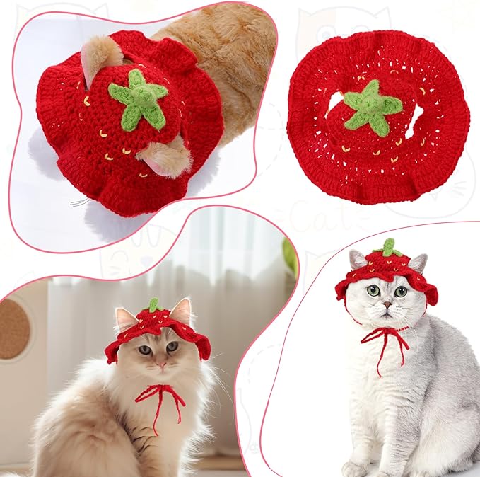 Strawberry Cat Hat, Cotton & Soft Cute Knitted Hats for Cats Strawberry Crochet Cat Hats for Cats Only Cute Puppy Hat for Small Pets on Christmas Birthday Party Halloween (Red, S)