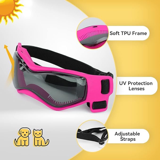 Dog Sunglasses for Extra Small Breed UV Protection Windproof XS Dog Goggles with Adjustable Head & Chin Straps for Ride Car/Hiking Travel/On Beach-Pink
