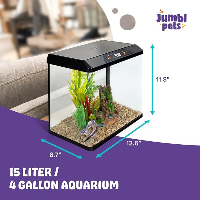 JumblPets Starter Fish Aquarium Kit, 4 Gallon, Complete Beginner Glass Fish Tanks Set with LED Lighting, Internal Filtration System, Filter Media Set, Hood & Lid, Ideal for Freshwater and Marine Fish