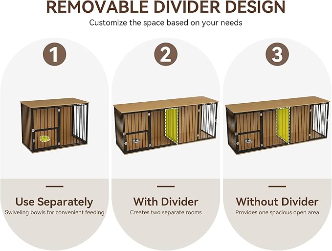 80.7" Double Dog Crate Furniture, Large Breed Dog Crate TV Stand with Swivel Bowls, Heavy Duty Wooden Double Dog Kennel with Removable Divider for 2 Medium Dogs (Black)