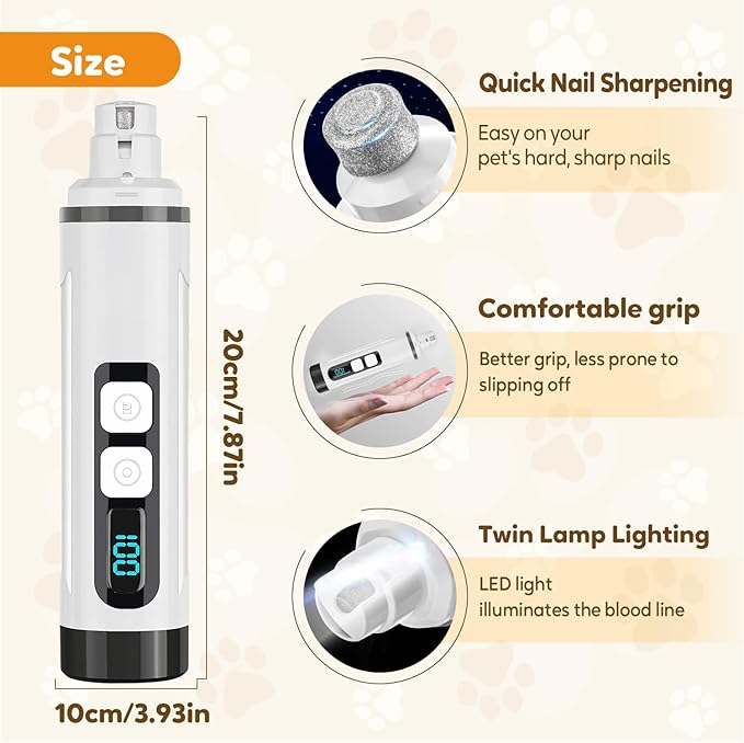Pet Nail Grinder Cordless, 2025 Upgraded Rechargeable Dog Nail Trimmer with LED Light 3 Speeds, Dogs and Cats Pet Paws Grooming Tool with Replacement Grinding Heads