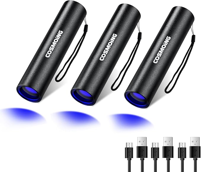 UV Flashlight USB Rechargeable, 365nm Black Light (3 PACK), Mini & Powerful Ultraviolet Flashlight Portable Detector for Pet Urine, Cat Dog Stains, Scorpion, Bed Bug