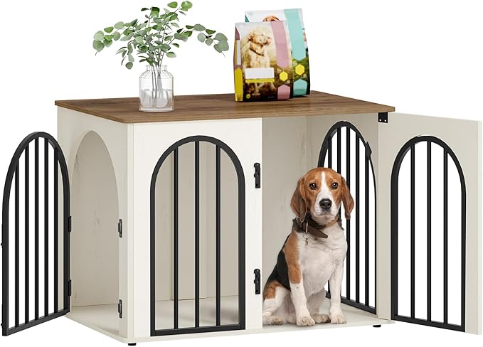 31.5'' Wooden Dog Crate Furniture, Indoor Dog Kennel Dogs Cage for Small/Medium Dogs, Heavy Duty Dog Crates Decorative Pet House End Side Table TV Stand, White Brown DFC85114B