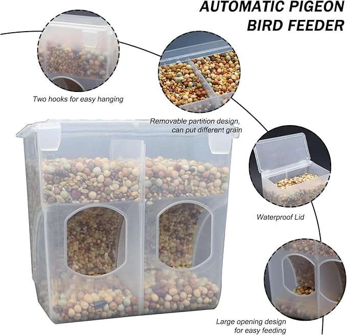 Automatic Pigeon Bird Feeder Water, Plastic Feeder Water Dispenser Drinkers for Cage, No Mess Hanging Parrot Food Bowl Container, Cage Accessories for Parakeet Quail Bird Chicken (2 Hole-Hook)