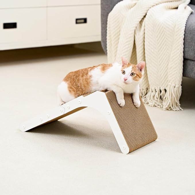 EHEYCIGA Cardboard Cat Scratcher for Indoor Cats, 32 Inch L Shaped Vertical Cat Scratching Board with Ball Cat Toy, Extra Large Cat Scratcher Pad, White