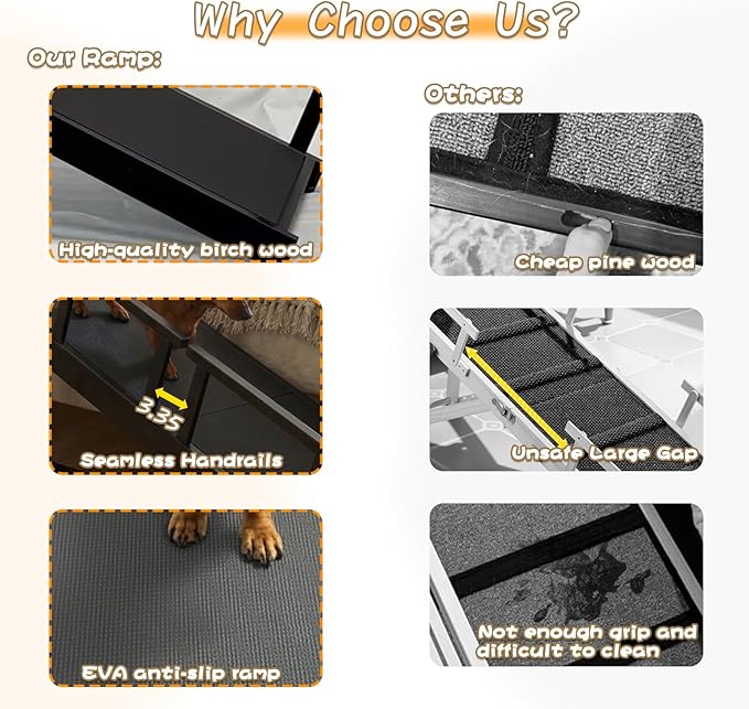 73" Dog Ramp for Bed,Birchwood Pet Ramp with Removable Side Rail and Non-Slip Surface, Pet Ramp for Small & Large Dogs with Rest Platform and DIY Glow Strips,Dog Stairs for Couch, Black
