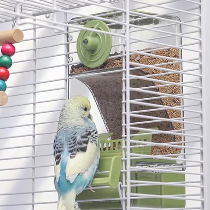 Automatic Bird Feeder, Bird Cage Feeder with Perch for Parakeet Canary Cockatiel Finch (Pink)